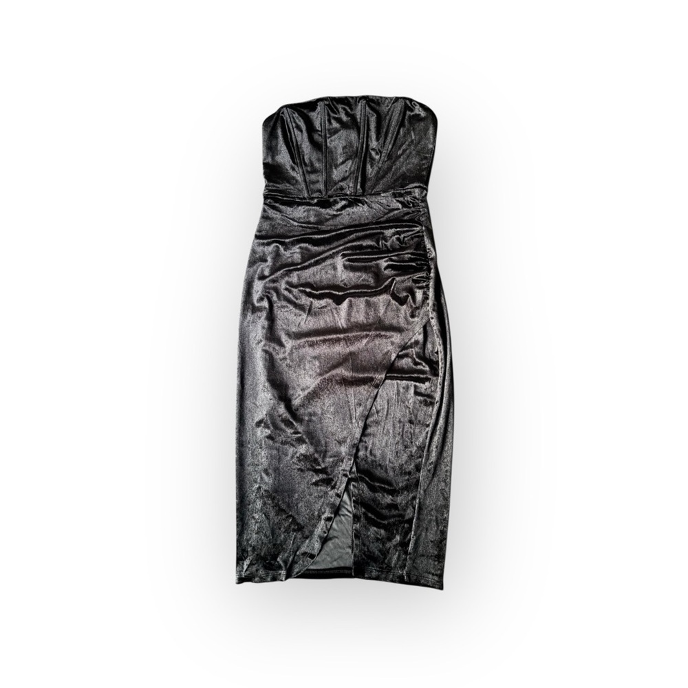 Trixxi Black Velvet Strapless Midi Dress โ Ruched Bodycon, Size M, NWT